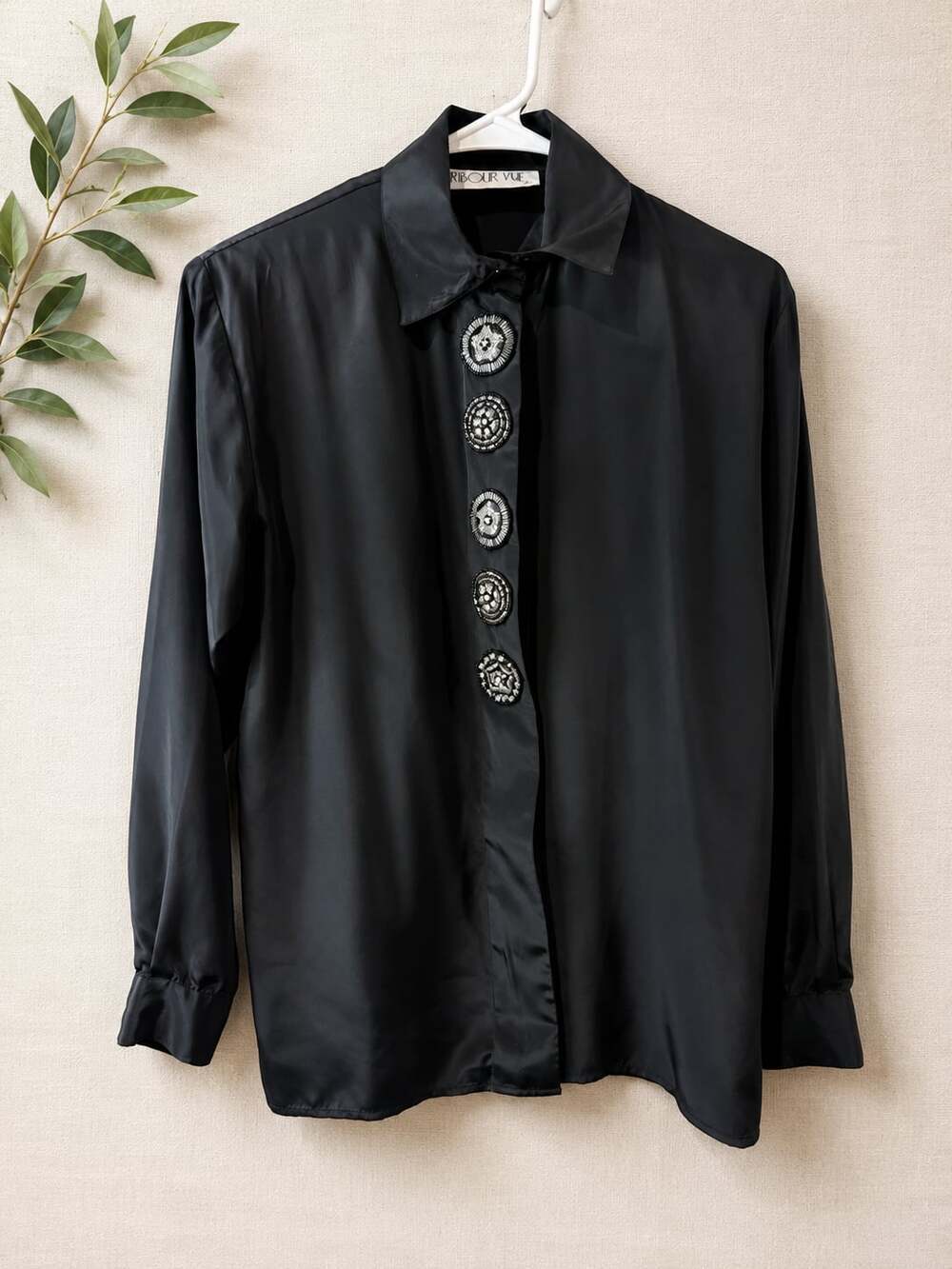 Harbour Vue Vintage Black Satin Button-Front Blouse
